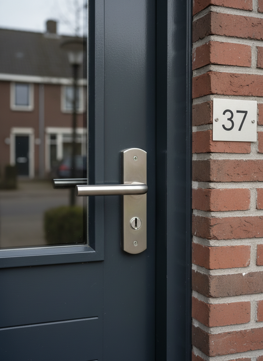 A sturdy, modern front door of a Dutch brick house in Amstelveen, featuring a high-security euro-cylinder lock and sleek stainless-steel handle in sharp photographic realism. The close-up focuses on the lock and handle, perfectly aligned, with crisp engravings and smooth brushed metal texture. The door is deep anthracite grey with a subtle wood grain, framed by clean red brickwork and a neat house number plate. Soft overcast daylight illuminates the scene, creating gentle reflections on the metal and soft shadows in the keyway. Shot at eye level with shallow depth of field so the background houses are softly blurred, the mood is professional, reliable and secure, ideal for a locksmith service website hero image.